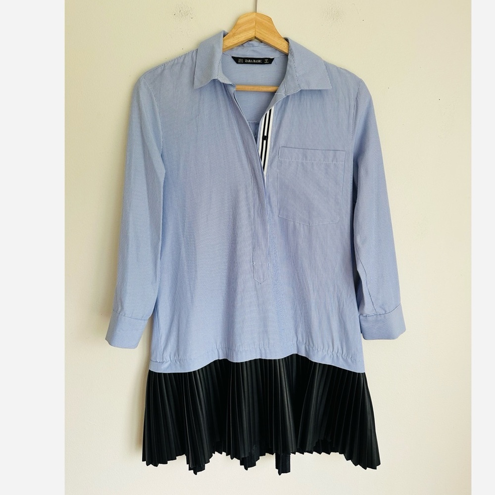 Zara Contrasting Shirt Dress Stripes and Black Faux Leather Skirt Blue Black - Picture 5 of 9